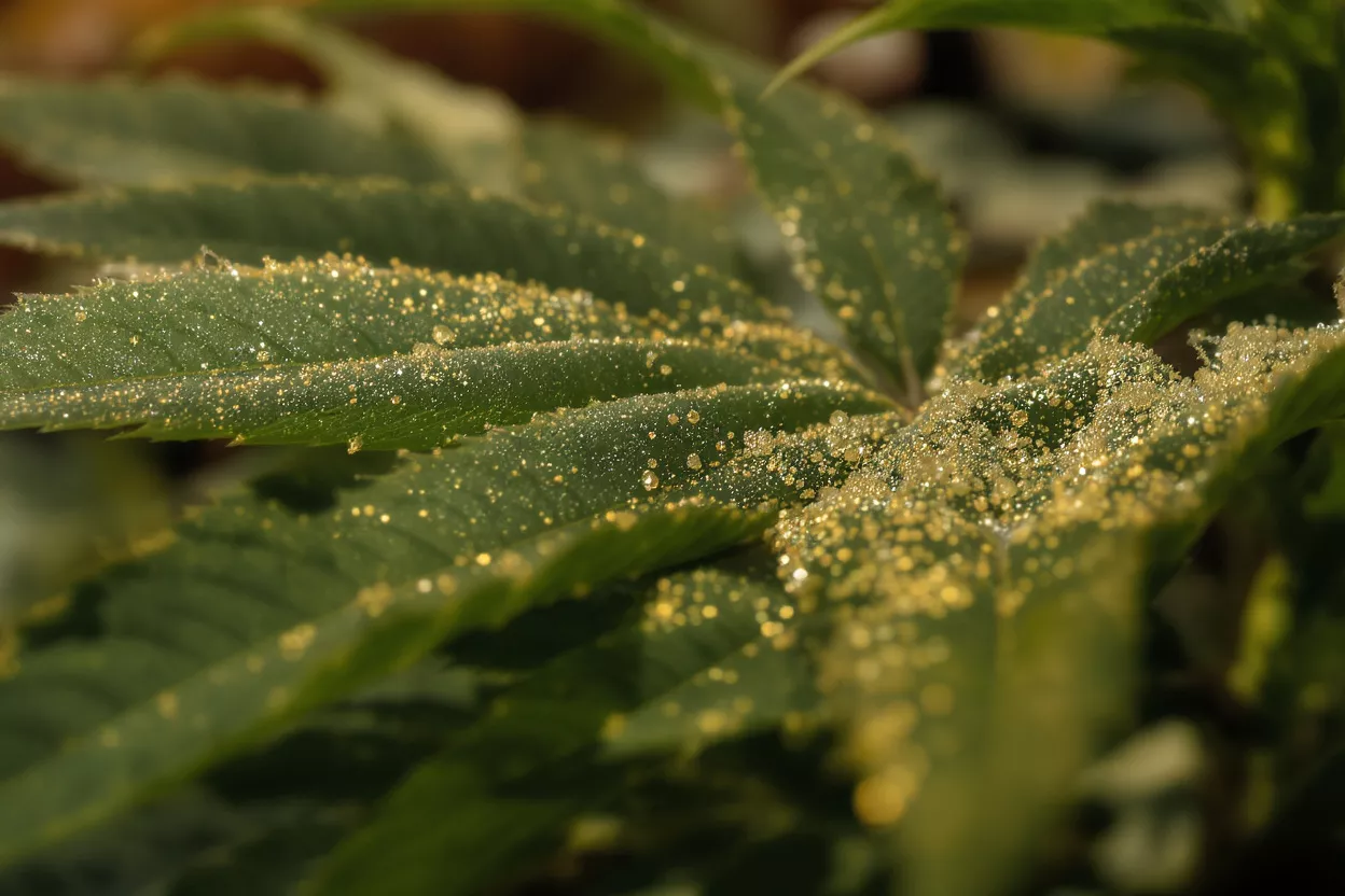 Close-up of green leaves covered in sparkling golden dewdrops, creating a magical effect.