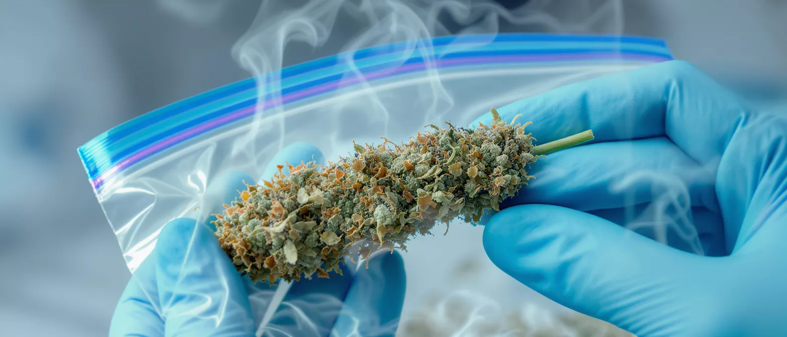 Gloved hands holding a cannabis bud near a plastic bag with smoke.