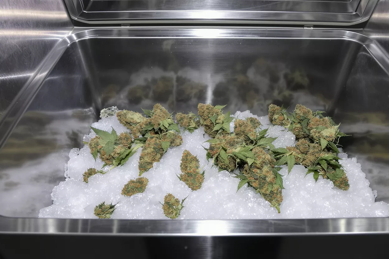 Cannabis Buds in Ziploc Bag Close-up of cannabis buds in a clear plastic bag with white crystals.