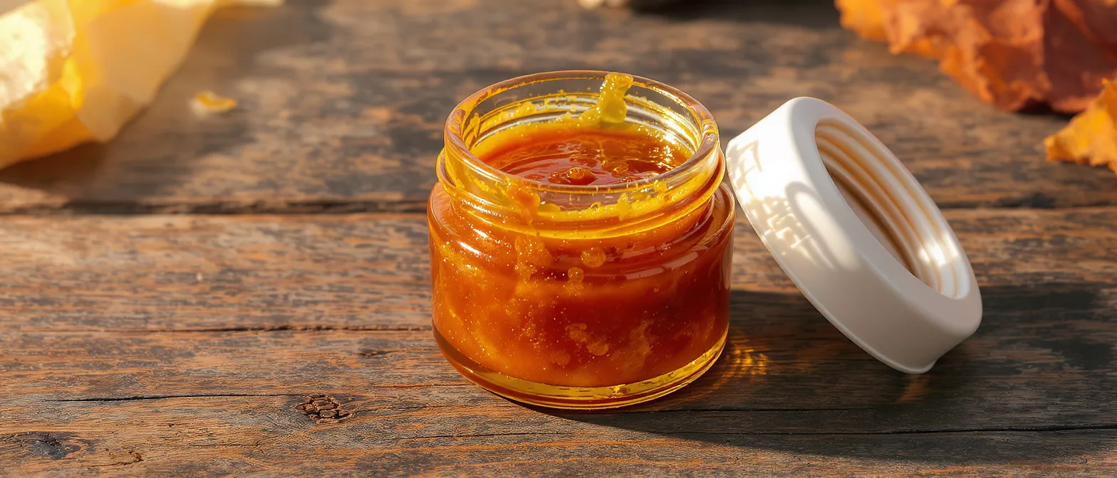 Small glass jar of orange jam with lid on rustic wooden table.