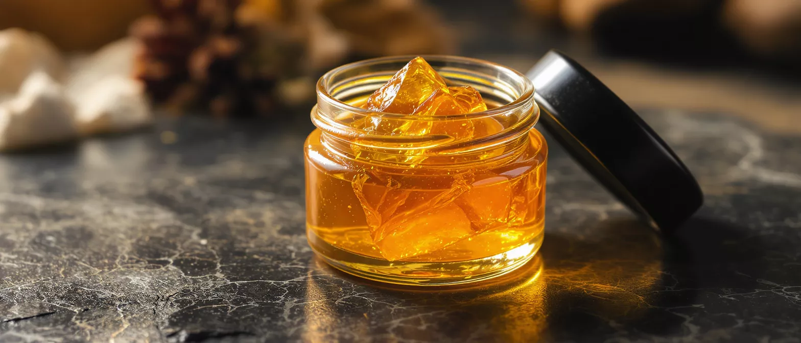 A clear glass jar filled with golden cannabis shatter concentrate and a black lid.