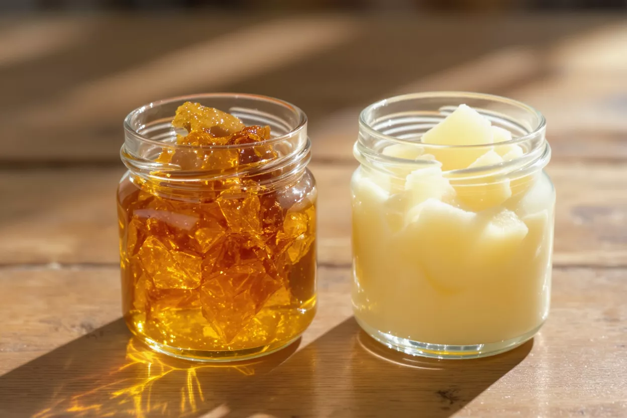Two glass jars of cannabis concentrates, one with amber crystals and one with pale wax.