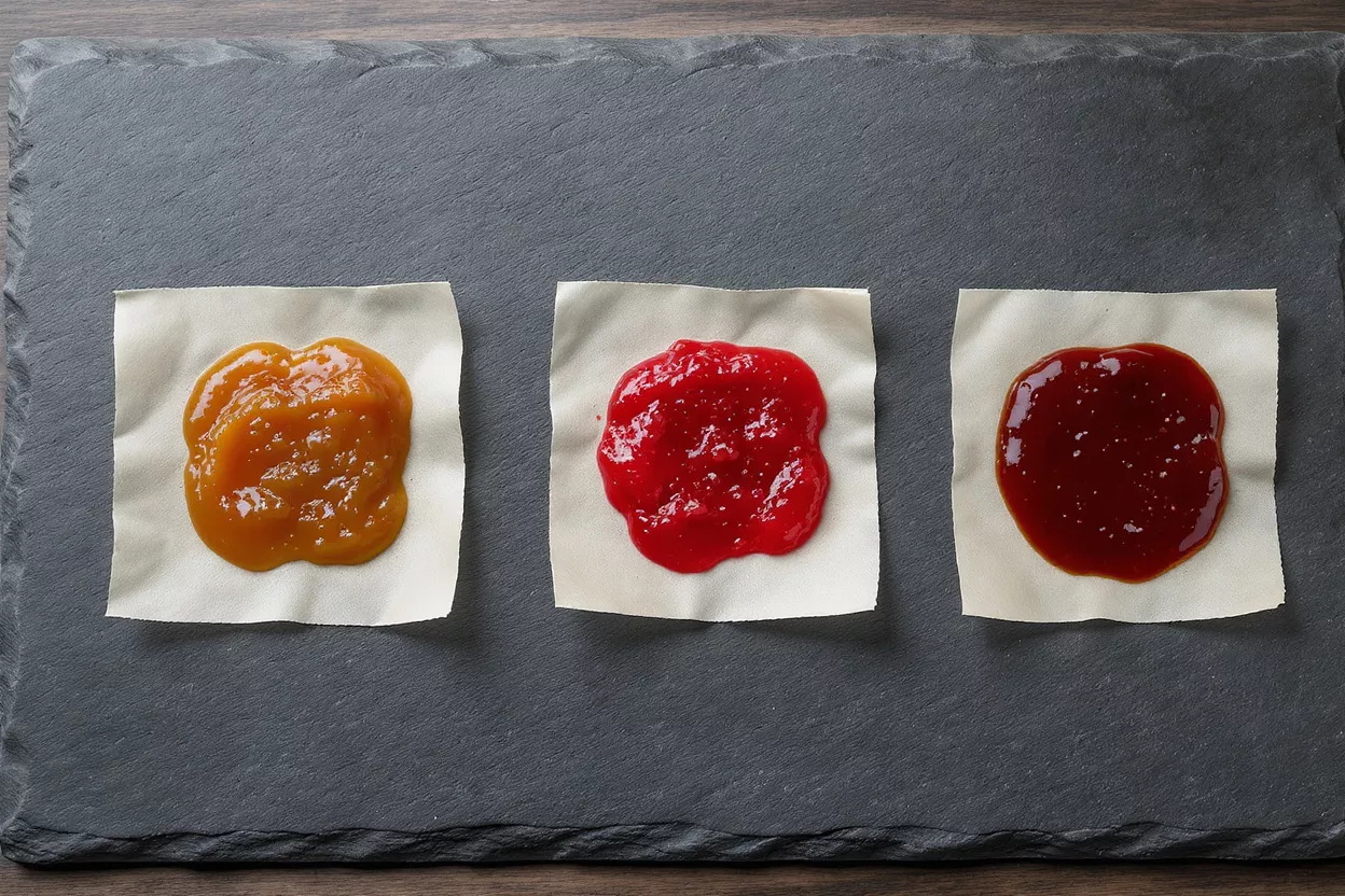 Three dollops of different colored jams on paper squares arranged on a slate platter.
