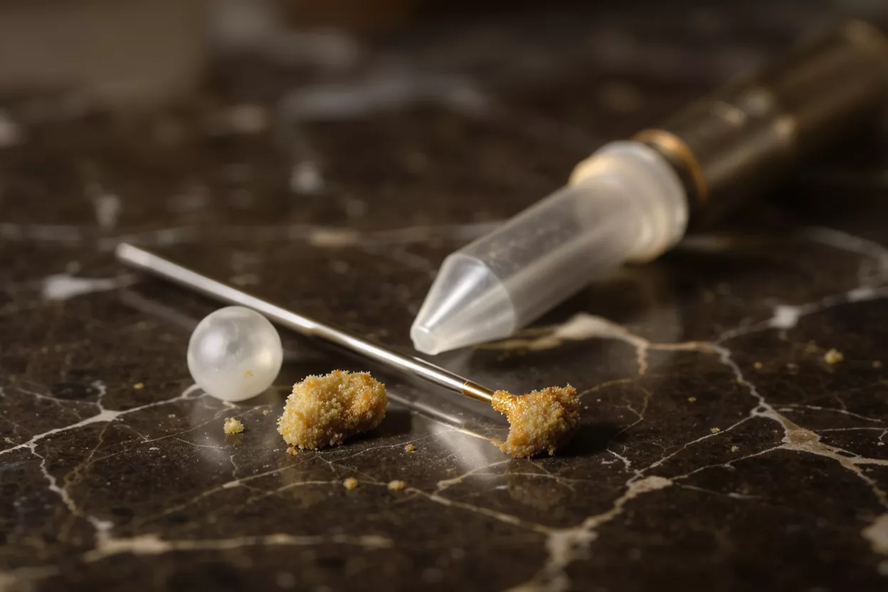 A dab tool with cannabis crumble, a terp pearl, and a syringe on marble.