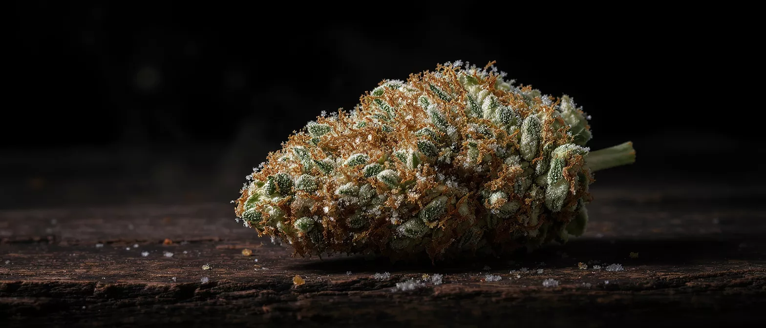 Detailed view of a cannabis bud on wooden surface