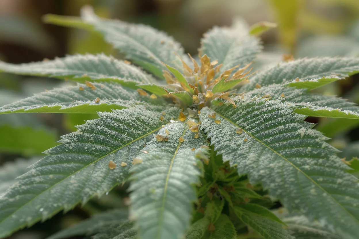 Detailed close-up of cannabis leaves and buds
