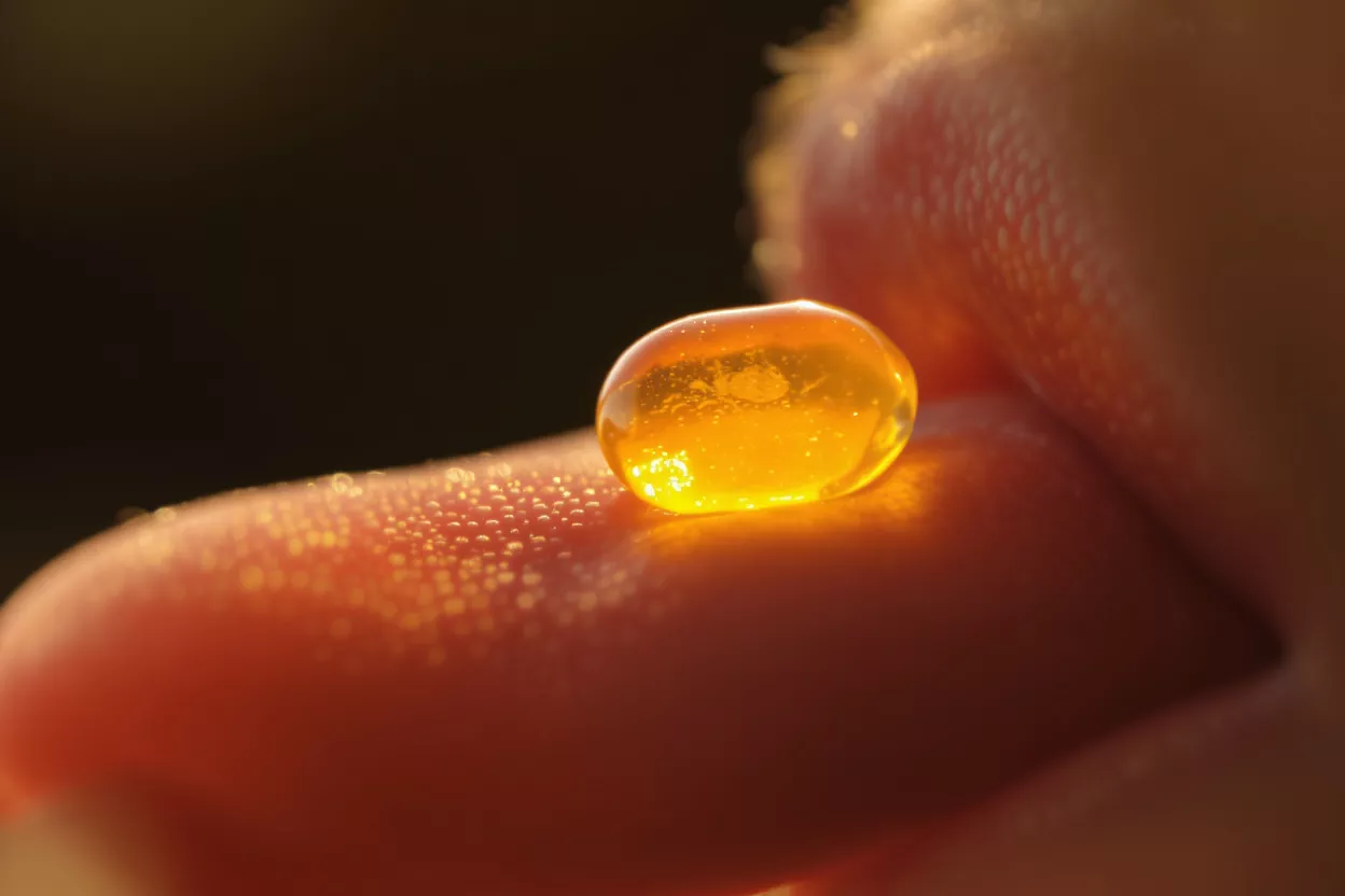 Close-up of a golden, translucent drop resting on a finger.