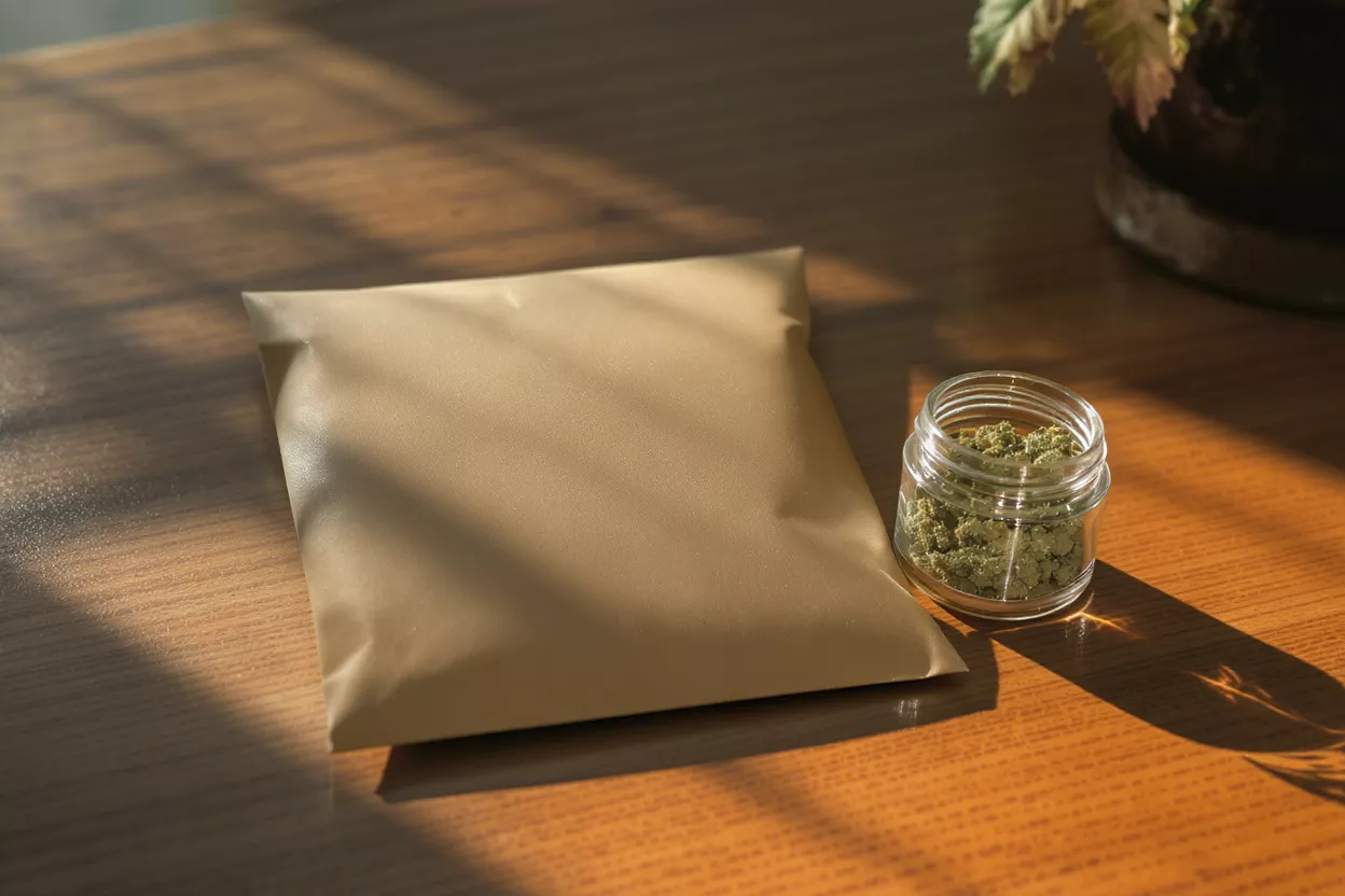 Brown packaging and a small jar of cannabis flower on a wooden table.