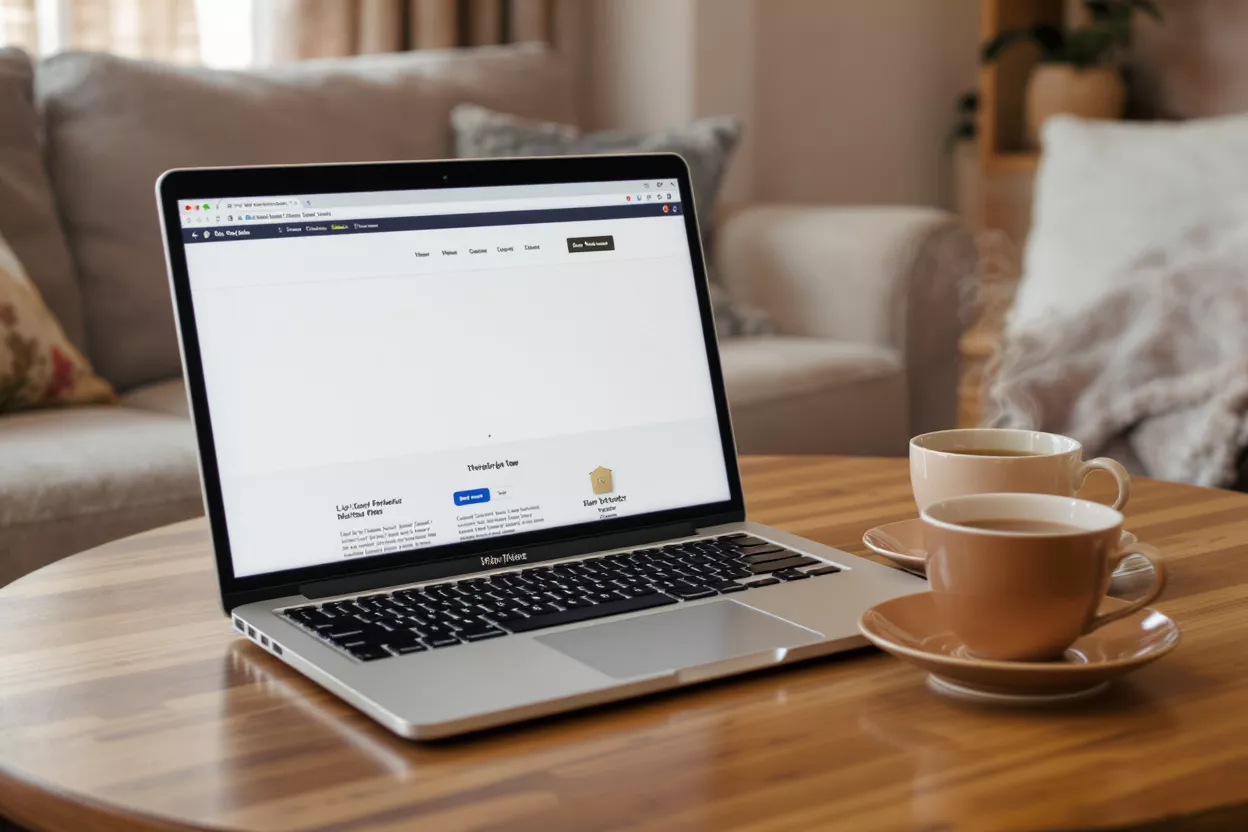 Laptop on a wooden table with two steaming cups of coffee beside it.
