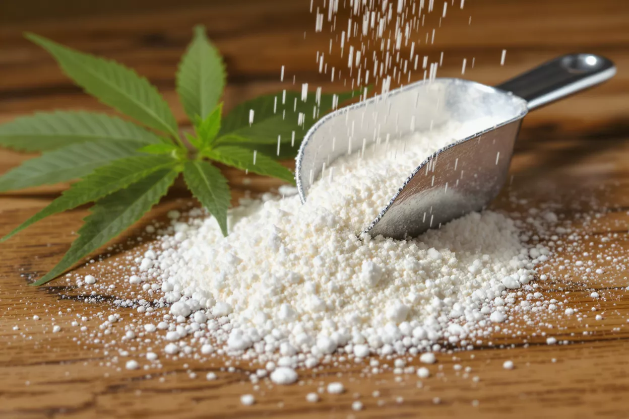 White hemp protein powder being poured into a scoop on a wooden surface.