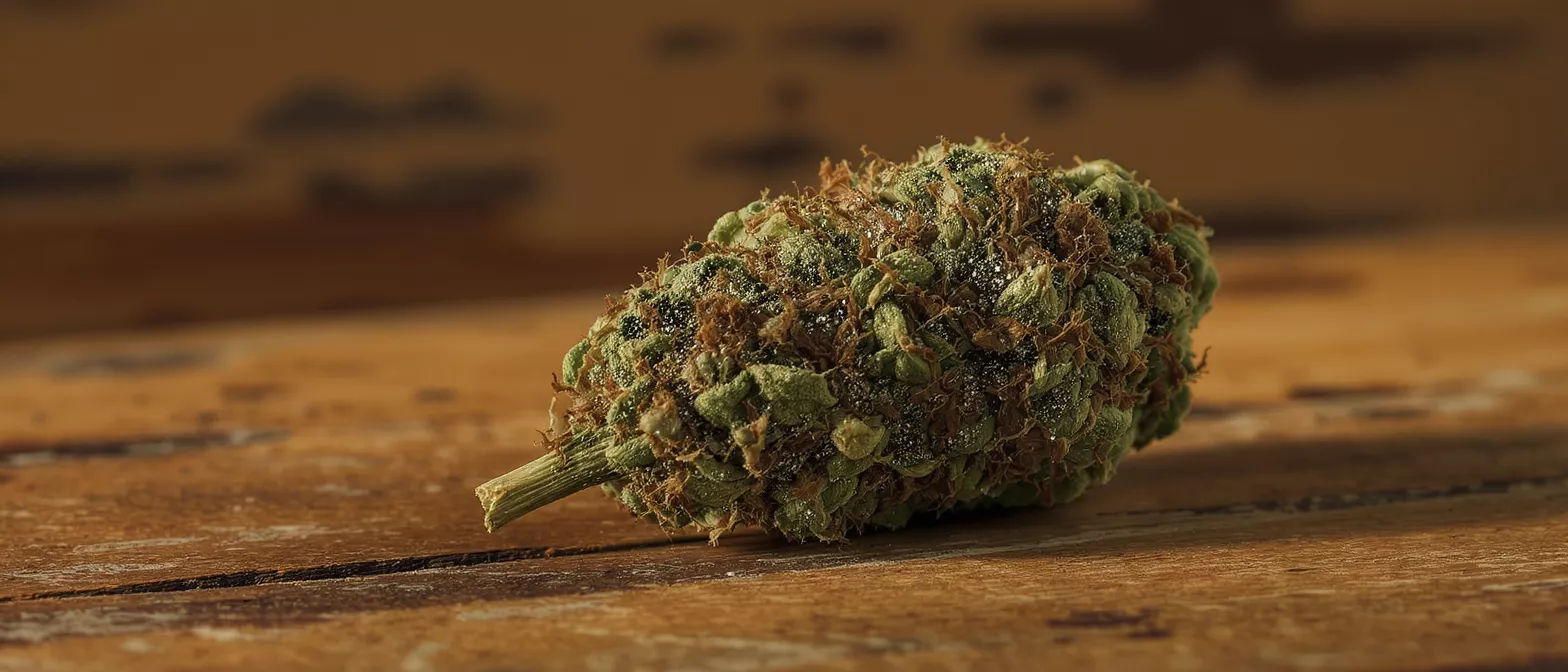A single, vibrant green cannabis bud with orange hairs and trichomes on a wooden surface.