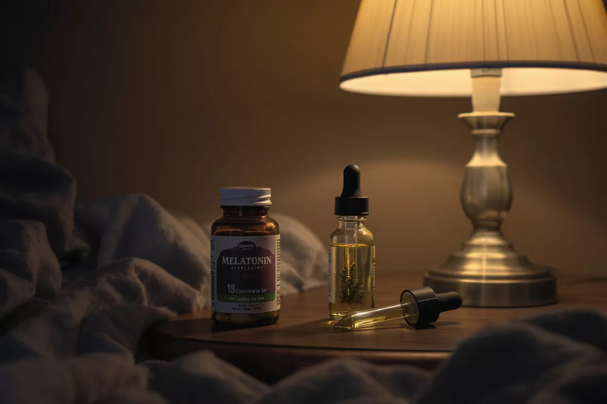 Frasco de melatonina y aceite de CBD en una mesita de noche con una lámpara.