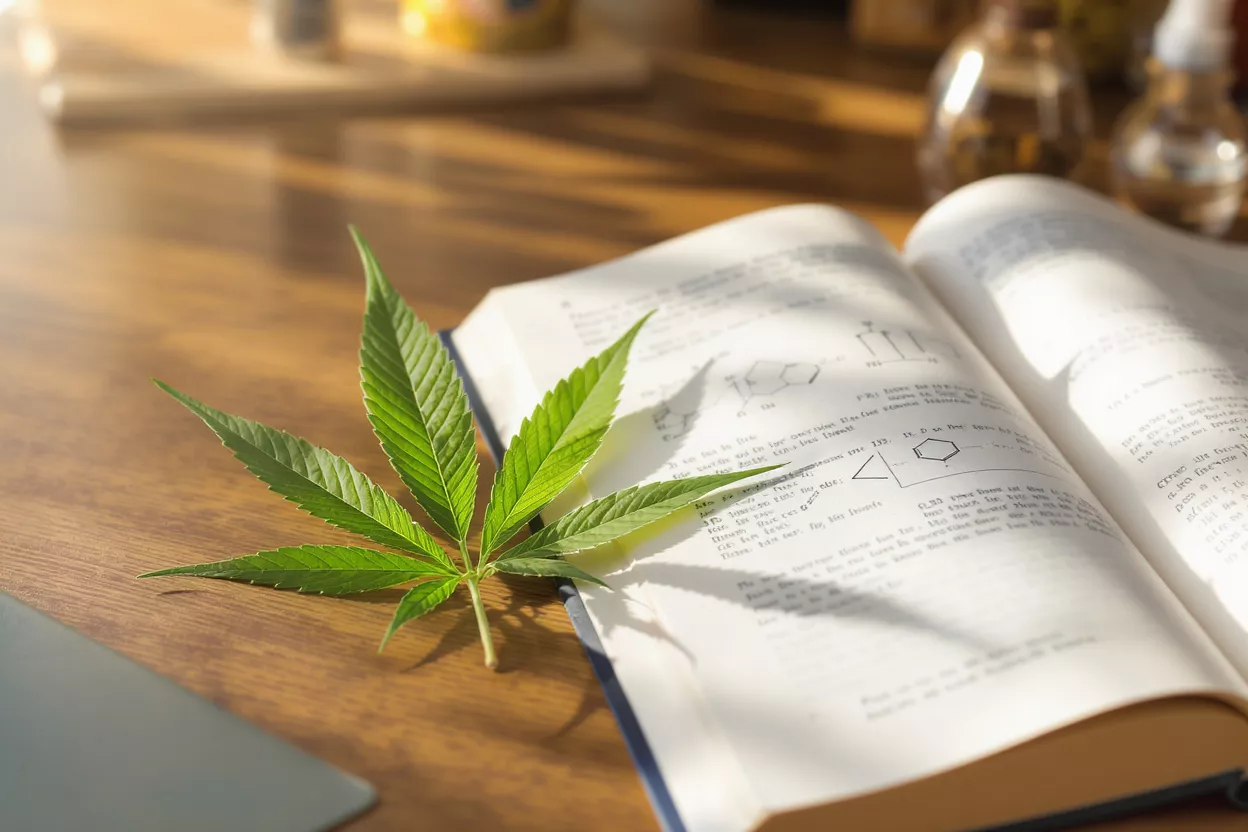A vibrant green cannabis leaf rests on an open chemistry textbook with formulas.