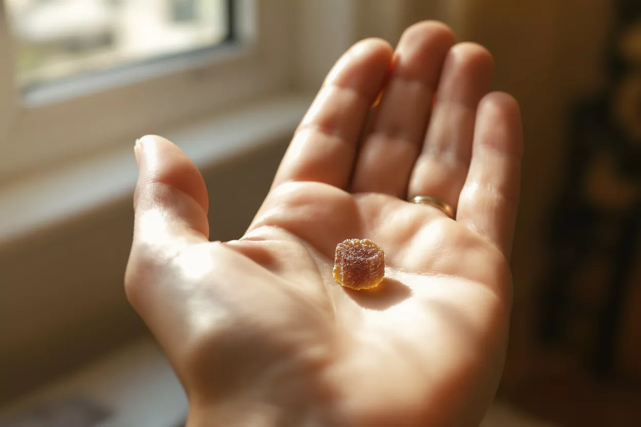 A hand holding a single, small, sugar-coated gummy candy in sunlight.