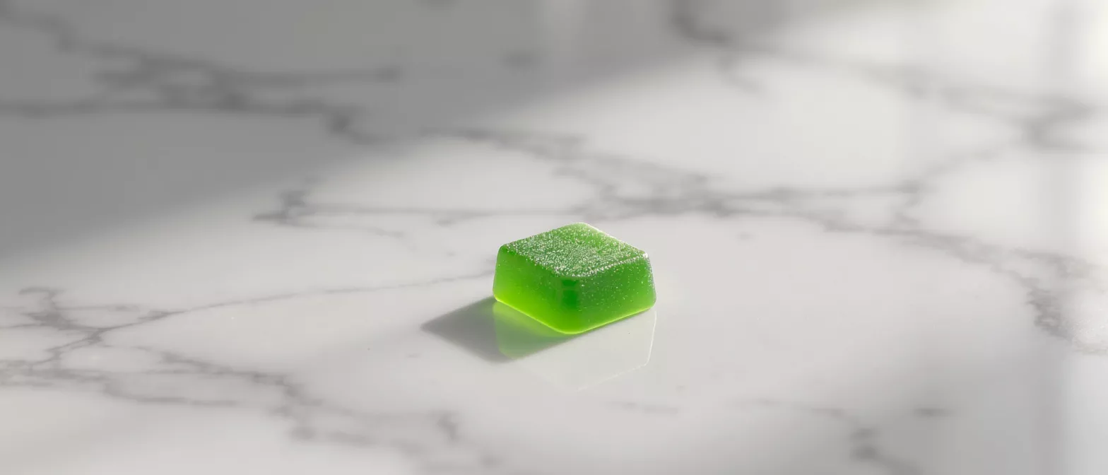 A single, square, translucent green gummy sits on a white marble surface.
