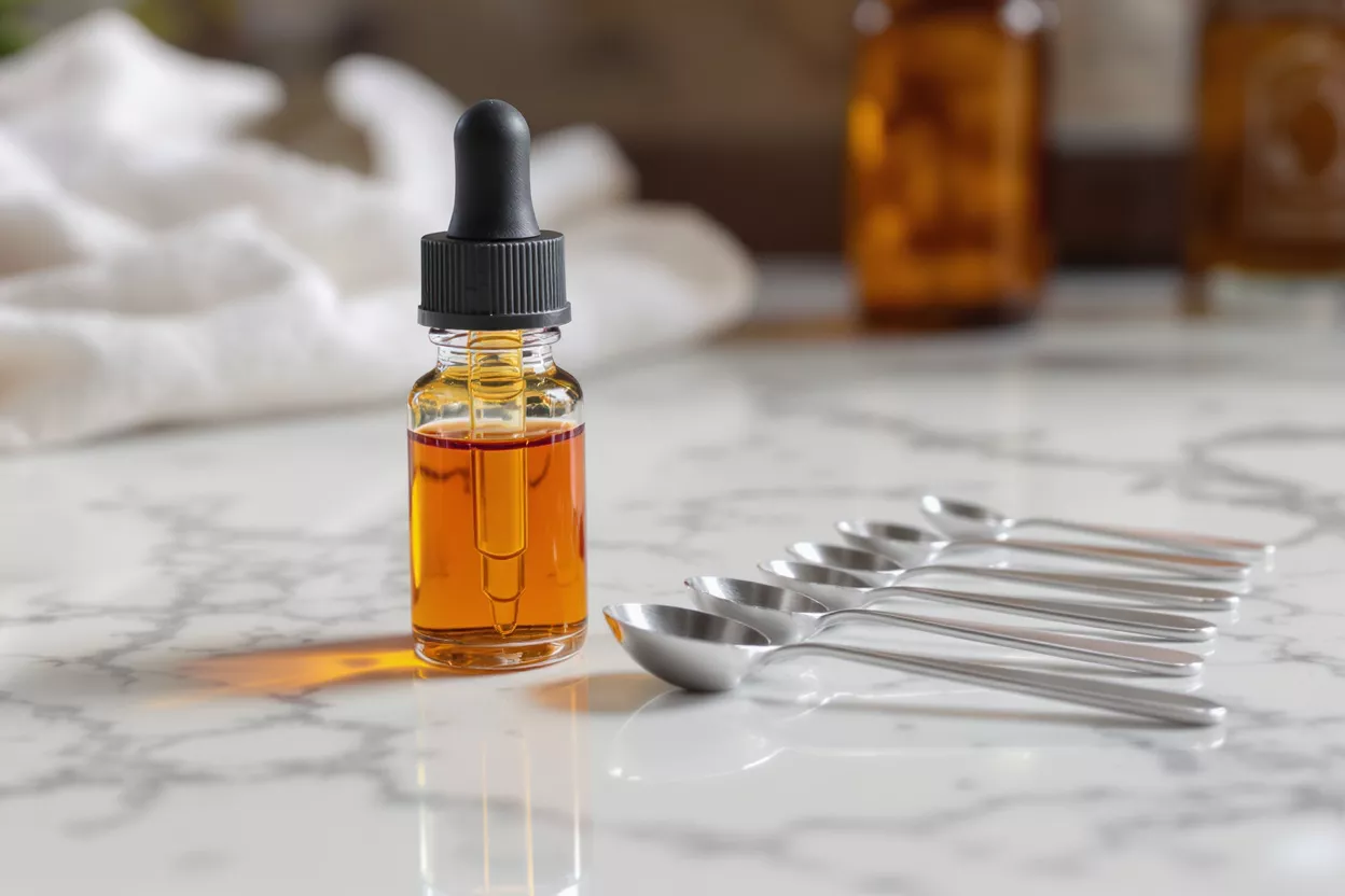Amber dropper bottle with golden liquid and a row of measuring spoons on marble.