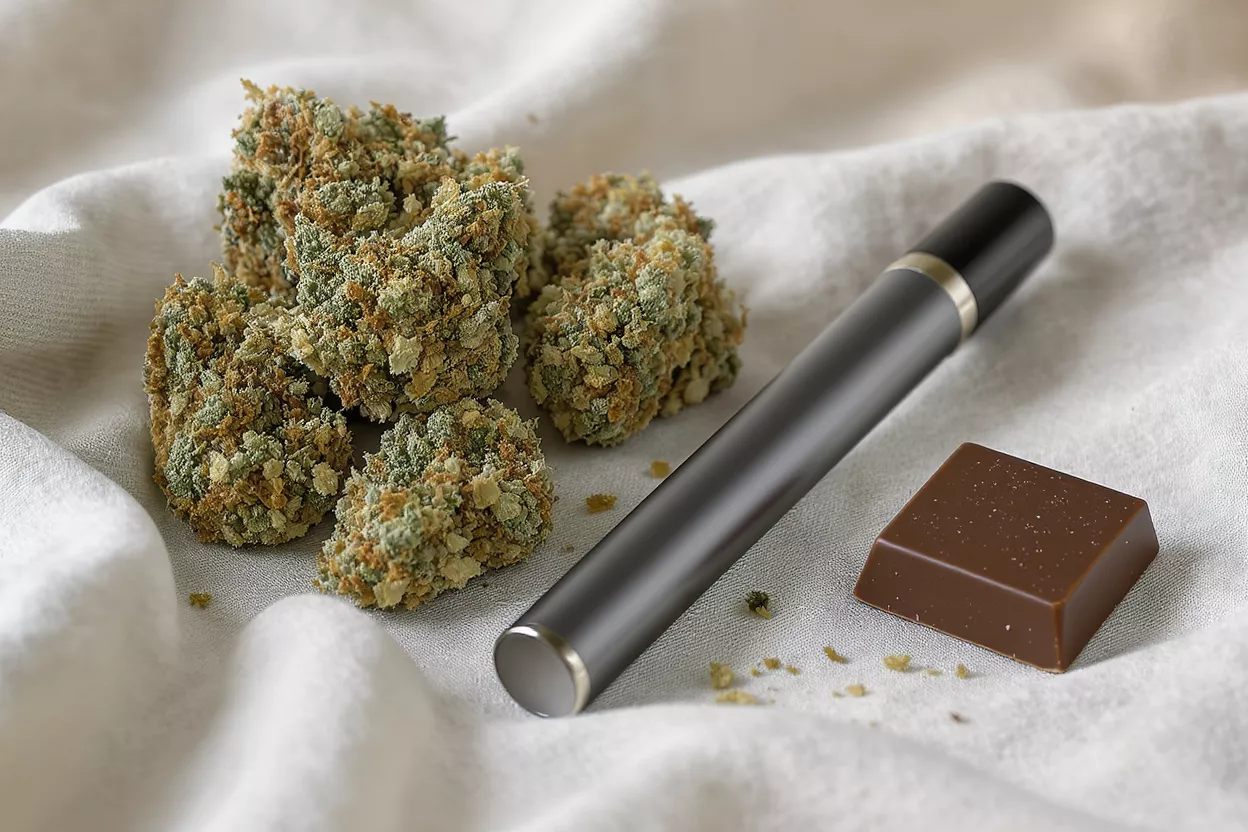 Cannabis buds, a vape pen, and a chocolate edible on a white cloth.