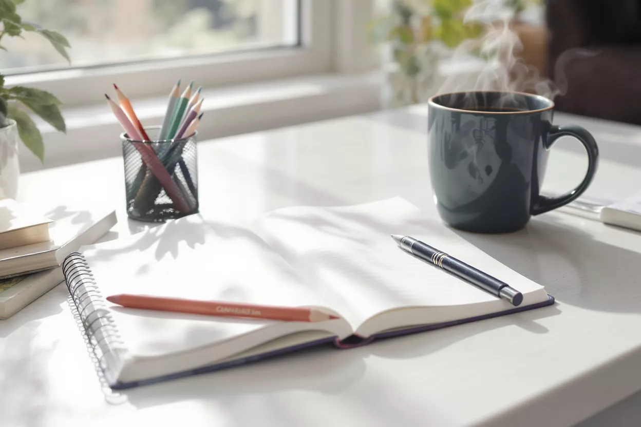 A desk with a steaming coffee mug, open notebook, pen, and colored pencils.