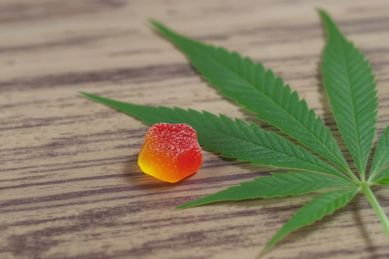 A colorful, sugar-coated cannabis gummy next to a vibrant green cannabis leaf.