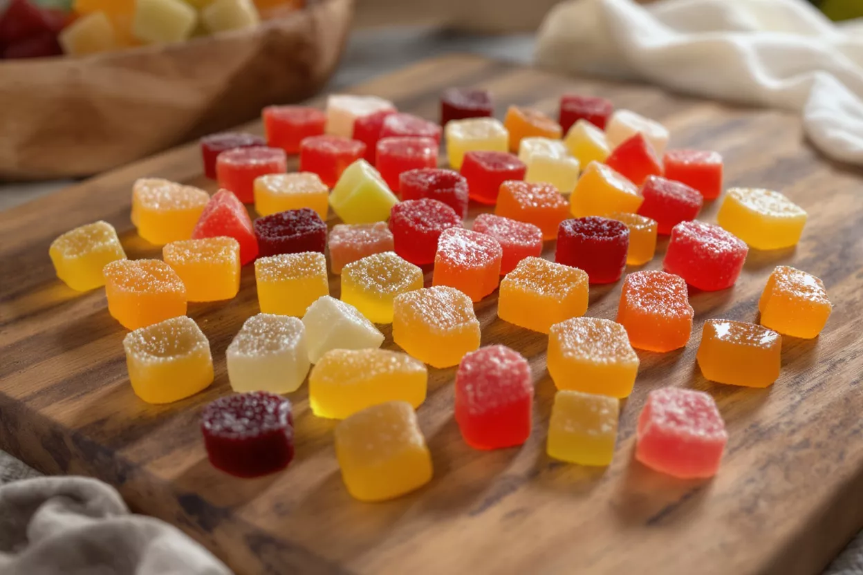 Assorted colorful fruit gummies, some sugar-coated, on a wooden cutting board.