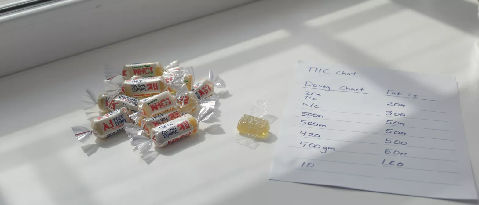 THC gummies in wrappers with a handwritten dosage chart on a white surface.
