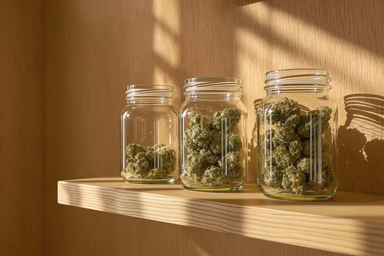Three jars filled with cannabis buds on a shelf