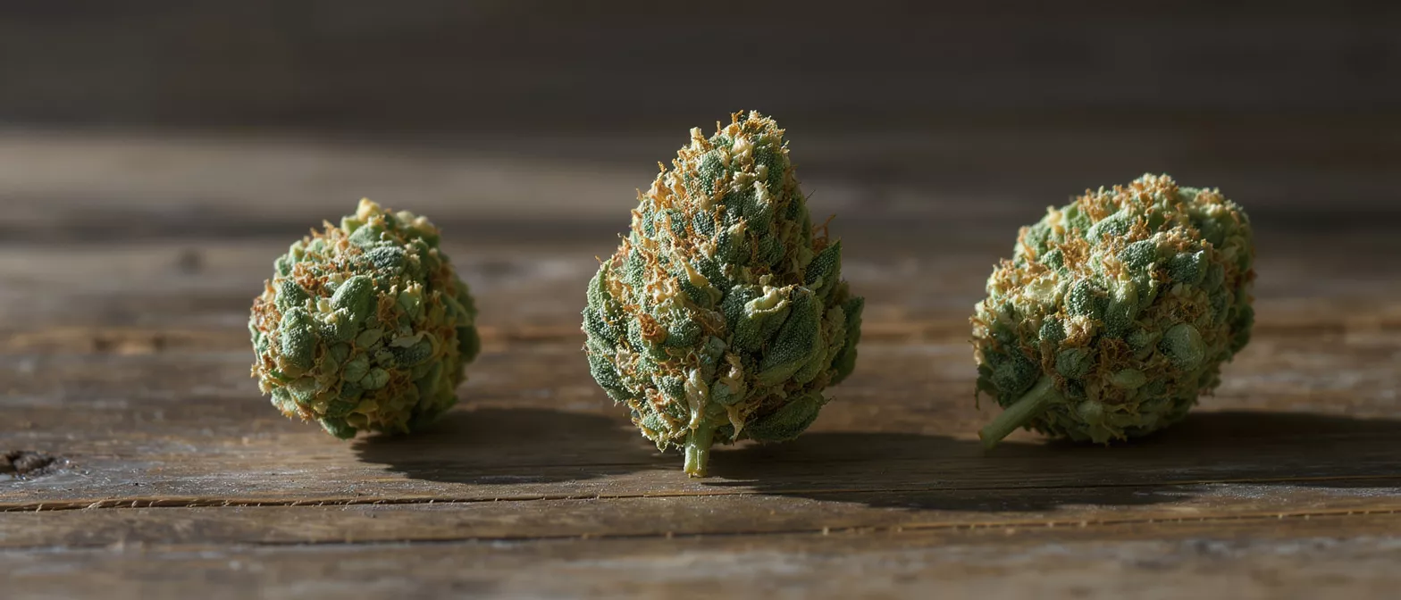 Three vibrant green cannabis buds with orange hairs on a rustic wooden surface.