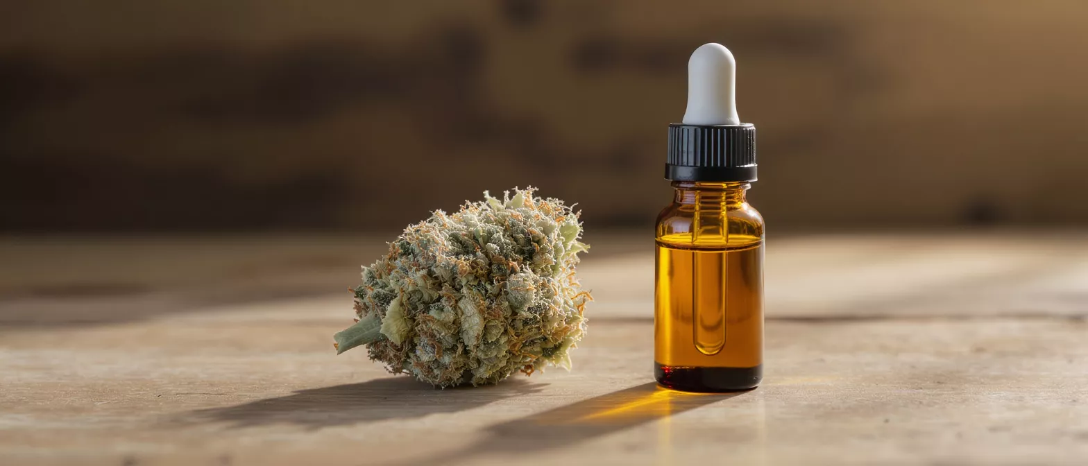 A cannabis bud next to a dropper bottle of CBD oil on a wooden surface.