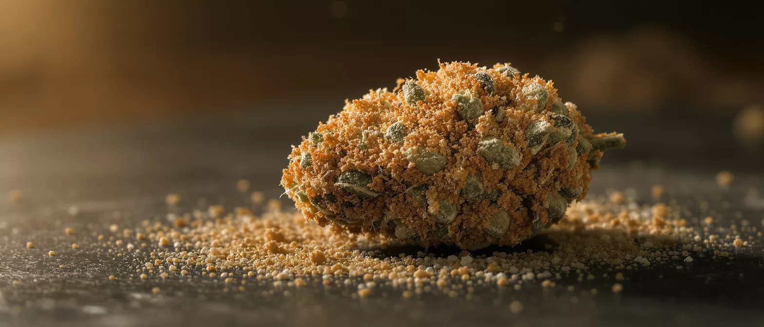 Close-up of a cannabis bud generously coated in golden kief, resting on a dark surface.