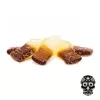 Colorful cannabis-infused gummy candies on a white background