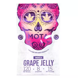 Grape Jelly cannabis packaging featuring vibrant skull design and THC content details.