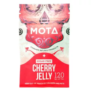 MOTA cannabis-infused cherry jelly, sugar-free, 120mg THC, festive red package with Day of the Dead design.