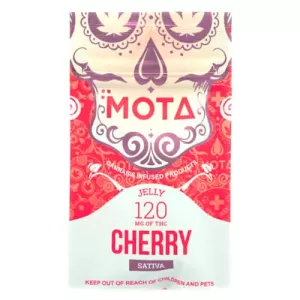 Cannabis-infused cherry jelly packaging with skull design, 120mg THC by Mota.