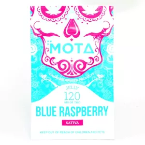 Mota Blue Raspberry Sativa Jelly, 120mg THC cannabis-infused product packaging.