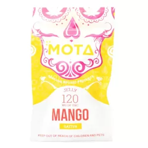 MOTA cannabis-infused mango jelly, 120mg THC, sativa strain, vibrant packaging.