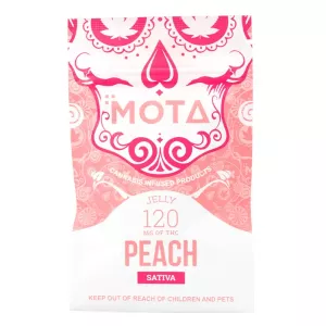 Cannabis-infused peach jelly by MOTA, 120mg THC, Sativa strain.