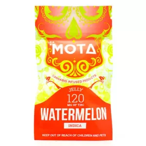 MOTA cannabis-infused watermelon jelly, 120mg THC, indica strain, vibrant packaging.