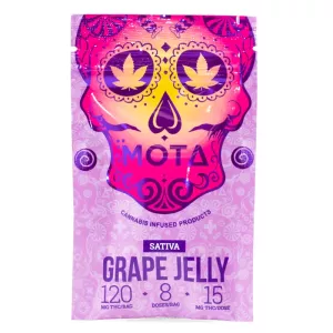 Mota Grape Jelly THC edible packaging with sugar skull and cannabis leaves.