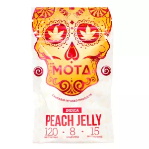 Cannabis-infused peach jelly by MOTA with 120mg THC in vibrant skull packaging.