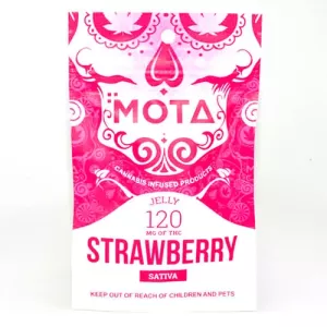 Strawberry-flavored sativa cannabis jelly packaging, 120mg THC, vibrant pink design.
