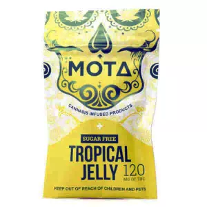 Bright yellow MOTA Tropical Jelly cannabis-infused packaging, 120mg THC, sugar-free.