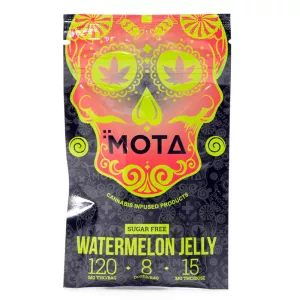 Cannabis-infused watermelon jelly with colorful Dia de los Muertos skull packaging.