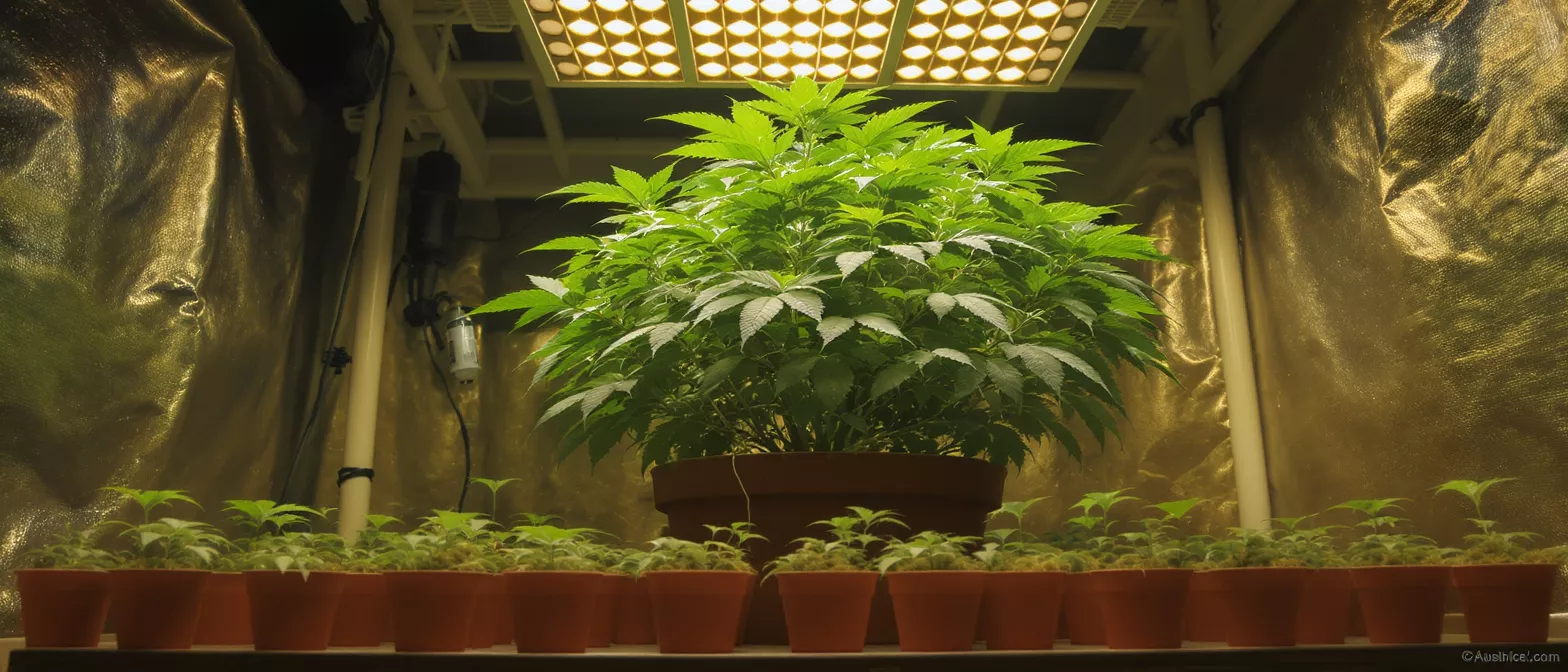 A large cannabis plant surrounded by smaller seedlings under grow lights in a tent.