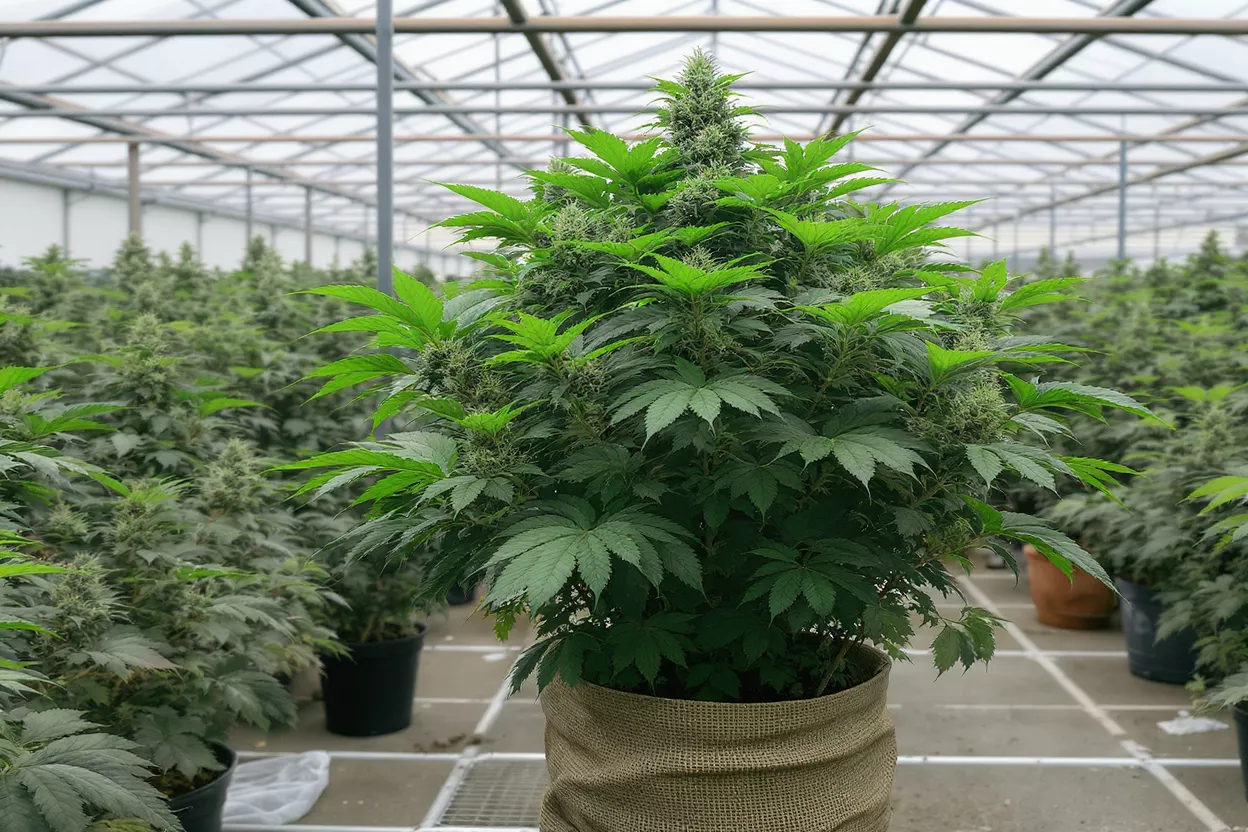Cannabis Plants in Greenhouse Lush cannabis plants growing in a greenhouse setting