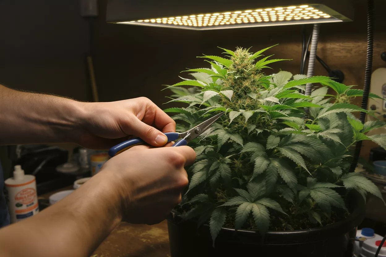 Trimming a Cannabis Plant Person trimming a cannabis plant under grow light
