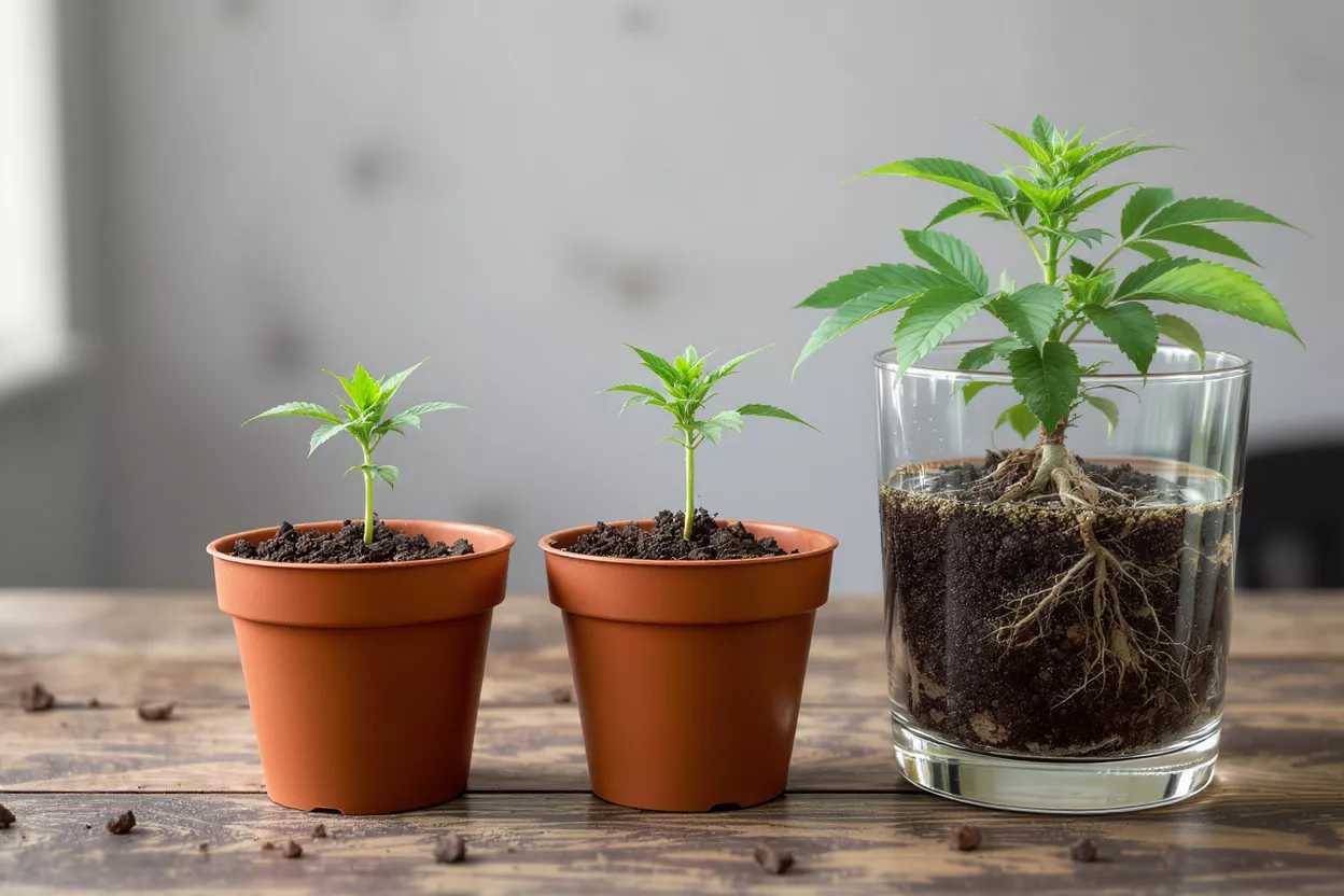 Growing Plants in Pots Three small plants in pots on a wooden surface