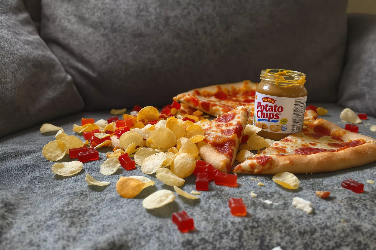 Pizza slices, potato chips, gummy candies, and a jar of peanut butter on a gray couch.