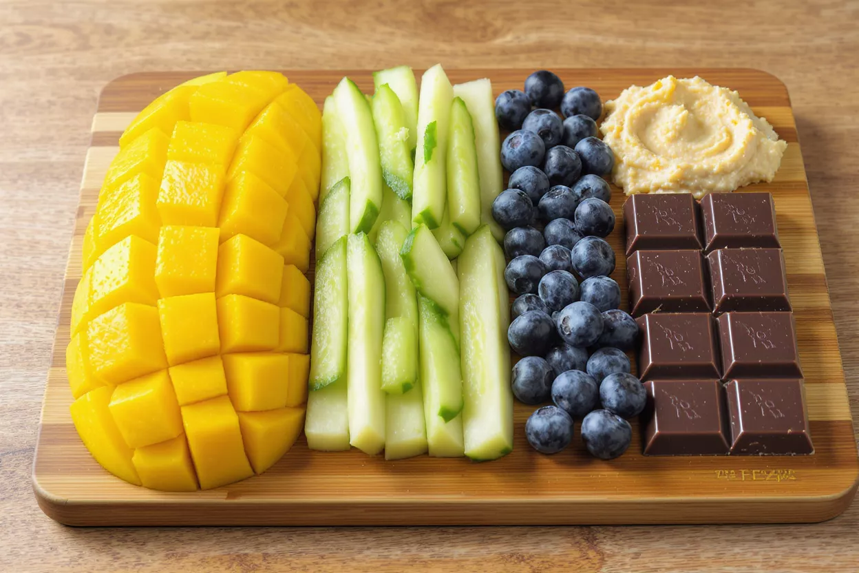 A wooden board with mango, cucumber, blueberries, hummus, and chocolate squares.