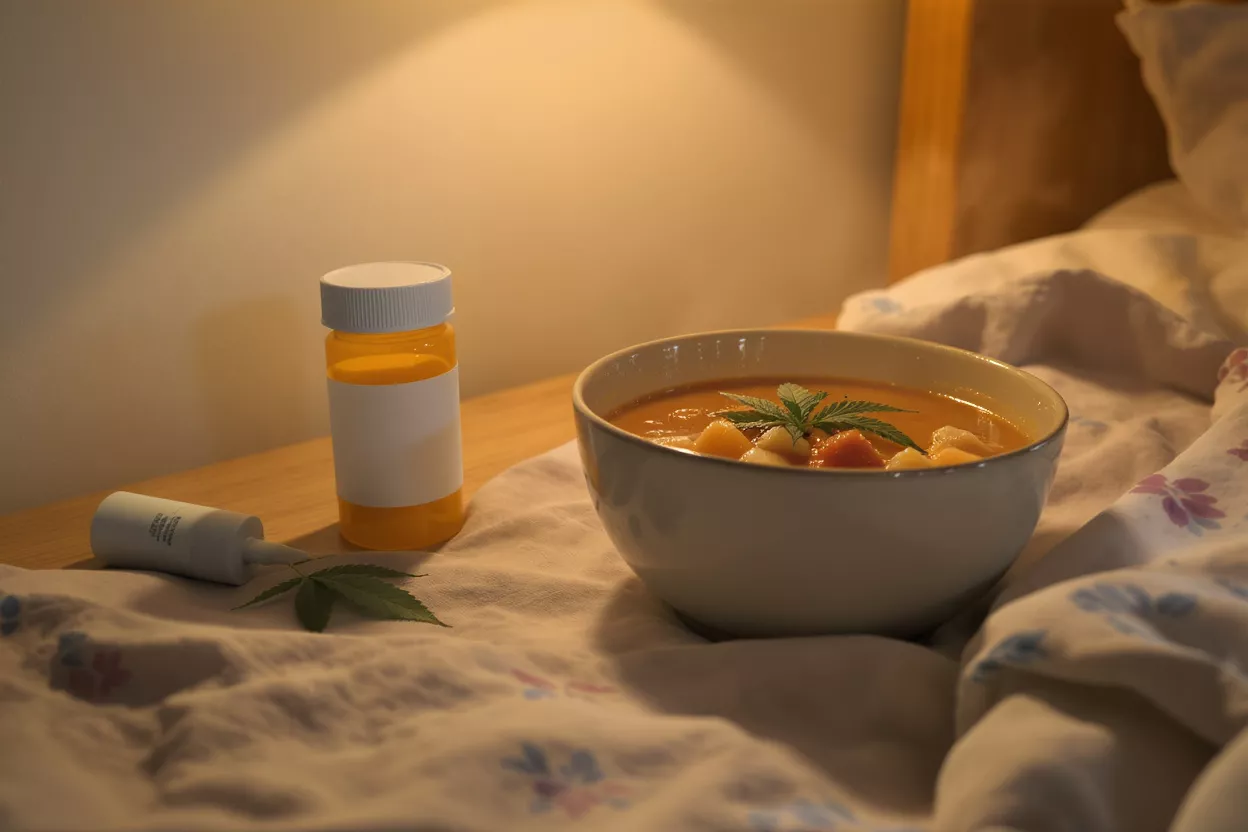A bowl of food with a cannabis leaf, medicine bottle, and dropper on a bedside table.