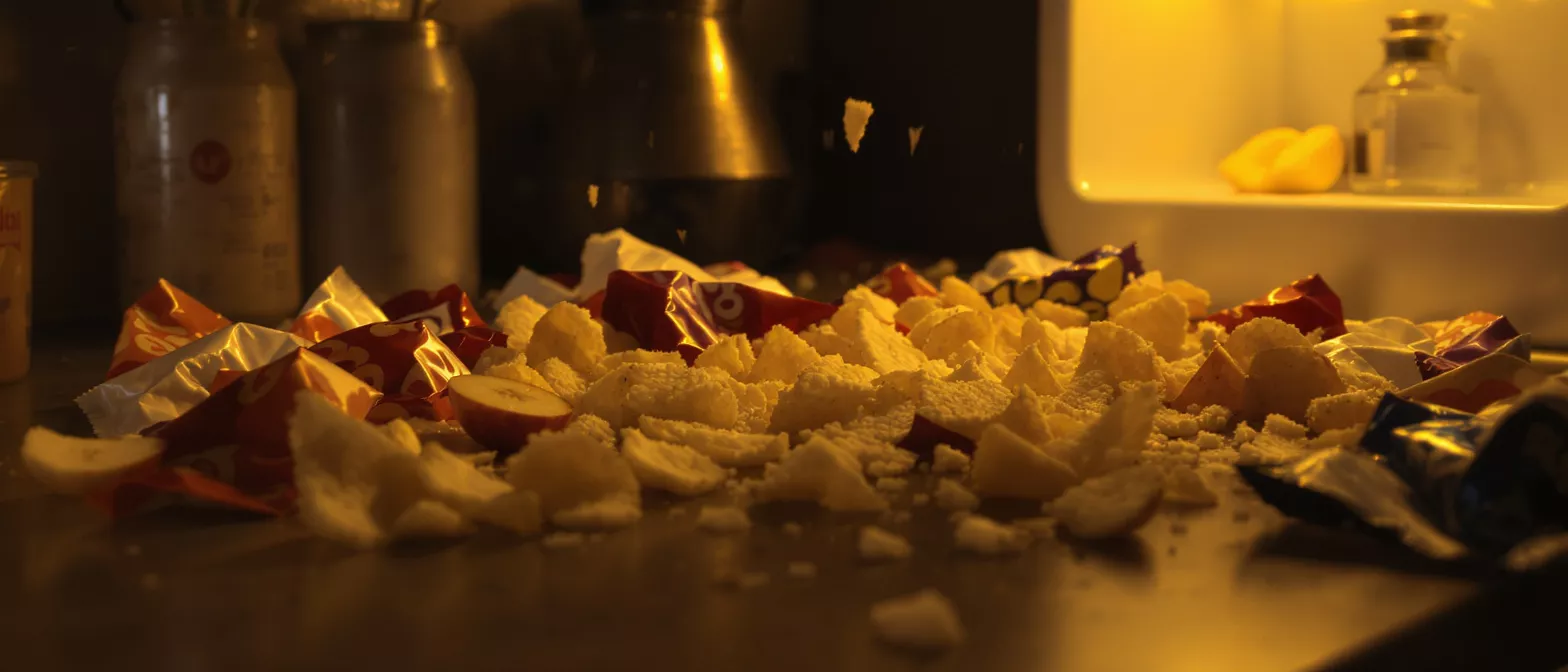 Scattered snack wrappers and crumbs on a surface